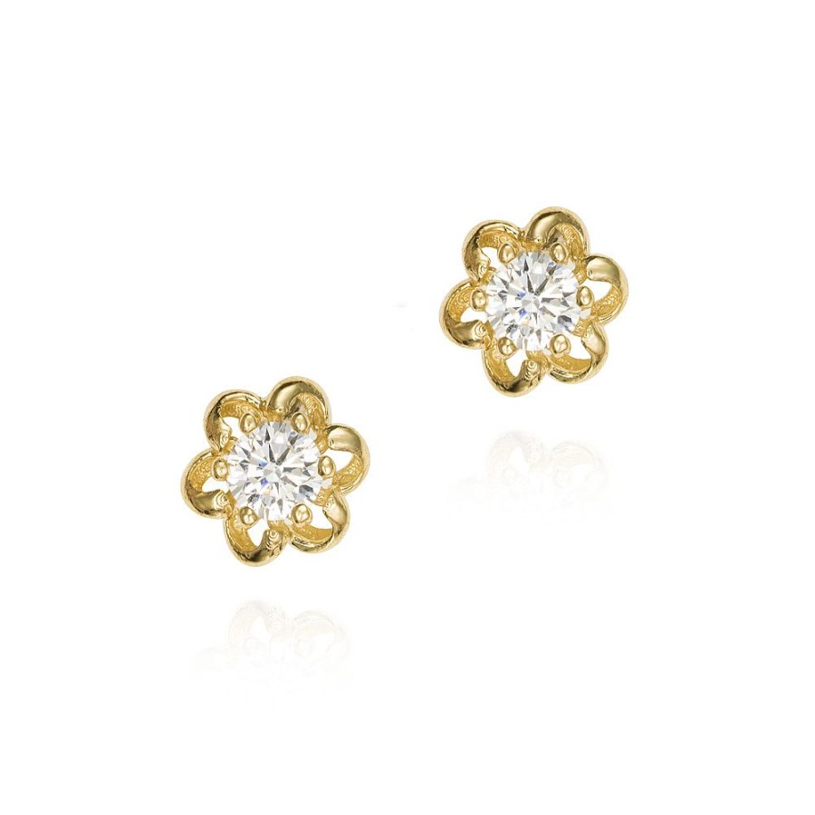 Jolfer Joyeros Pendientes Peque Os De Oro 18K Flor Con Circonita Hot