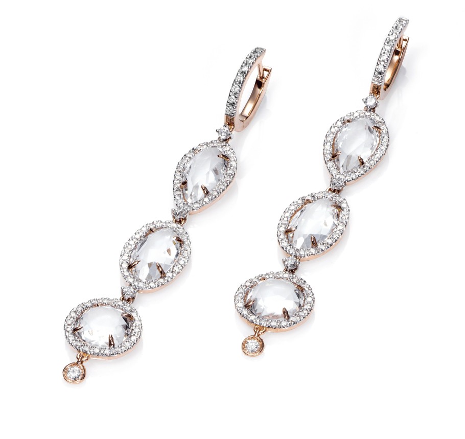 Jolfer Joyeros Pendientes Largos Pensami De Oro 18K Con Diamantes Y Cuarzo Transparente Clearance