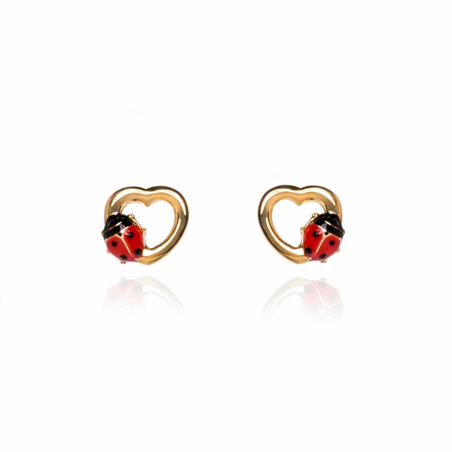 Jolfer Joyeros Pendientes Corazones Con Mariquitas Oro 9 Kilates Y Esmalte. Hot