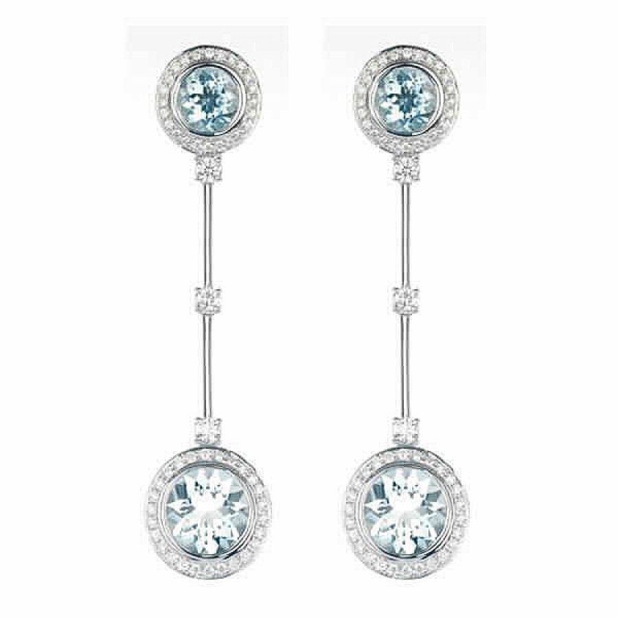 Jolfer Joyeros Pendientes Largos Oro 18 Kilates, Aguamarinas Y Diamantes Hot